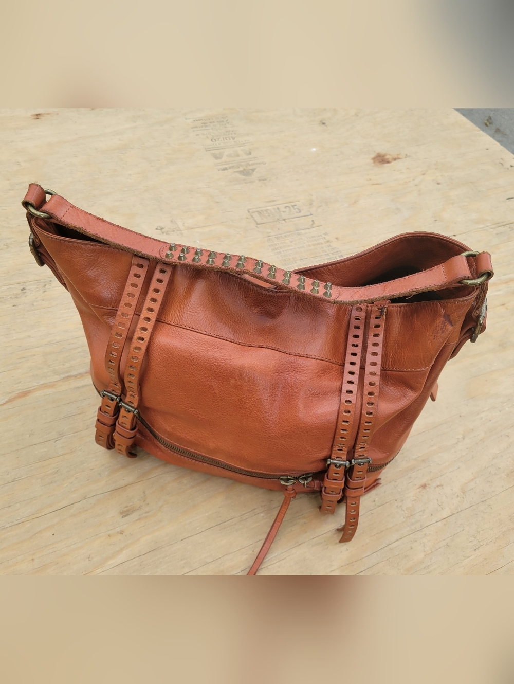 Joelle Hawkens Cognac Leather Studded Hobo Bag Boho Artisan Crossbody